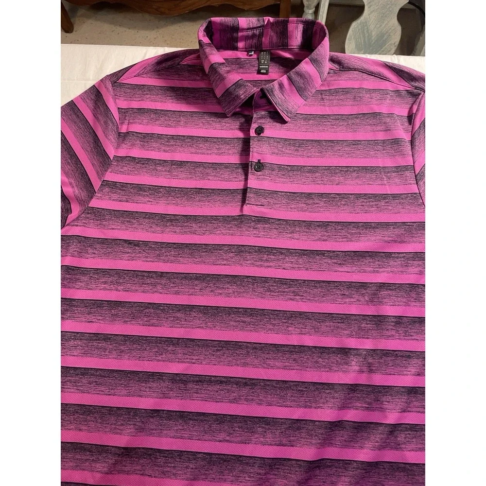adidas Men's Polo Shirt L Pink Black Striped Short Sleeve Collared Button Poly